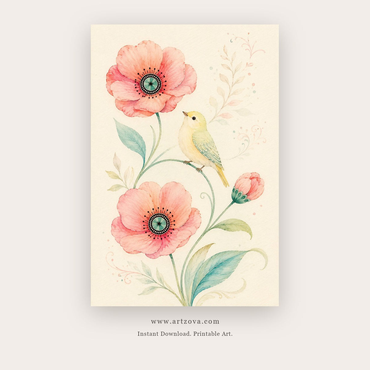 Songbird Garden painting 2 of 4 - a delicate floral study with a colorful songbird and blossoms, in coral pink and aqua