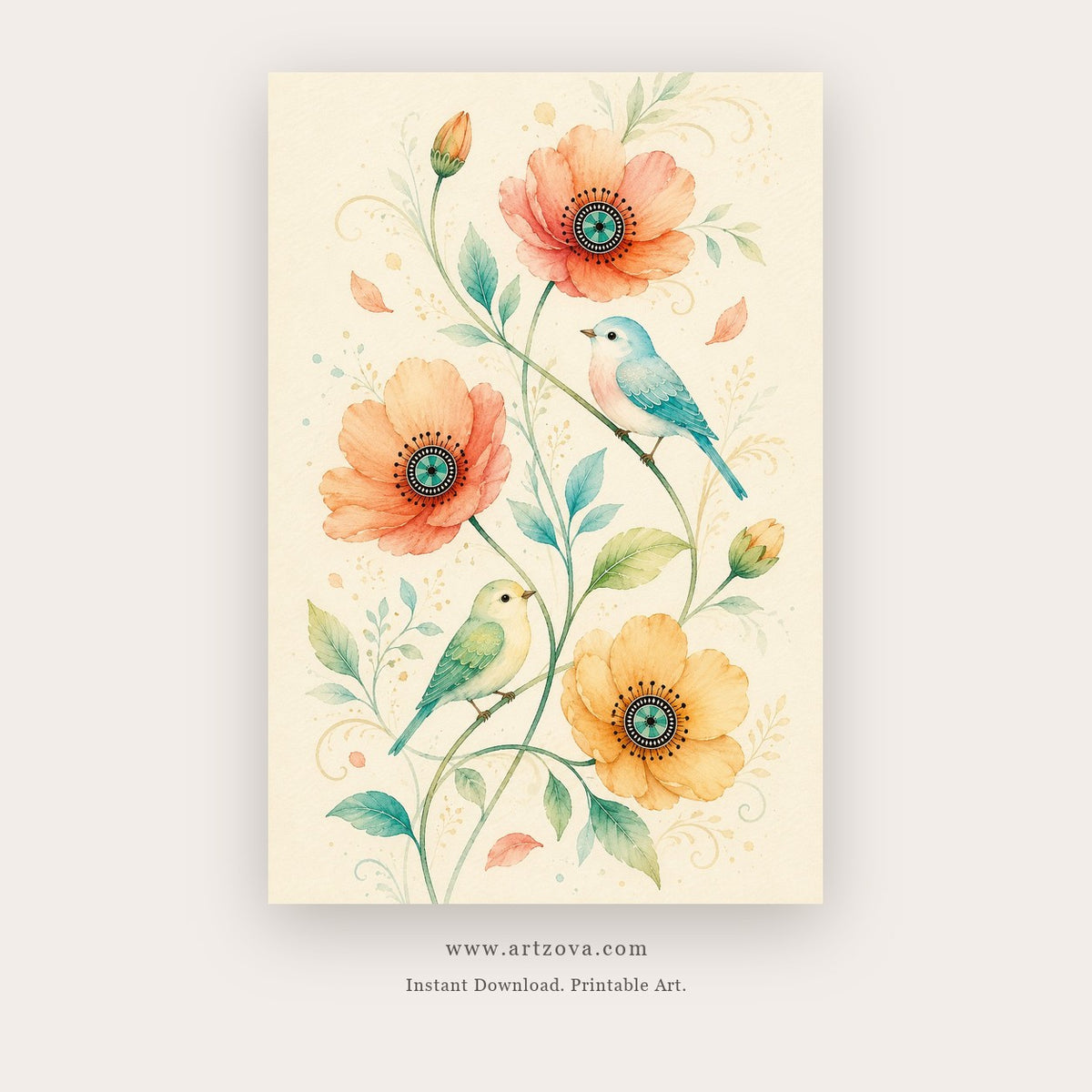 Songbird Garden painting 3 of 4 - a delicate floral study with a colorful songbird and blossoms, in coral pink and aqua