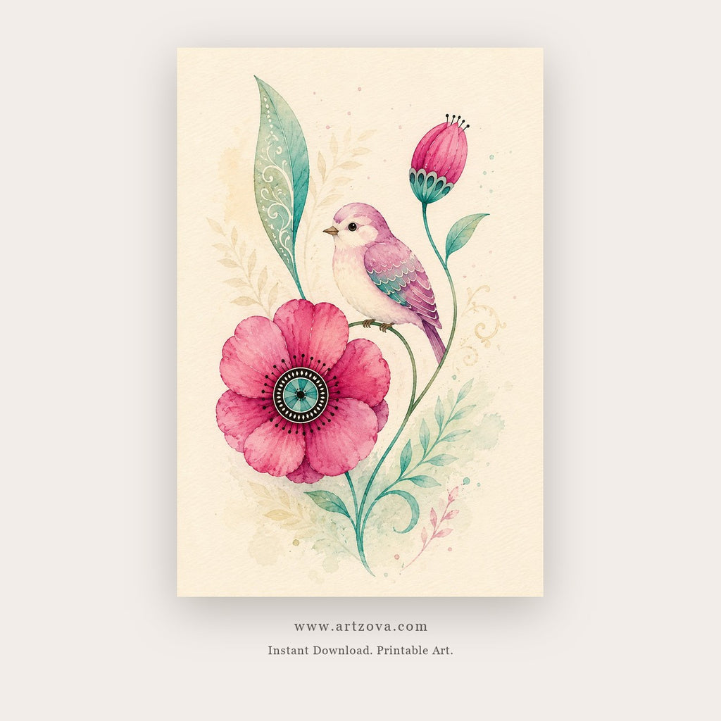 Songbird Garden painting 4 of 4 - a delicate floral study with a colorful songbird and blossoms, in coral pink and aqua