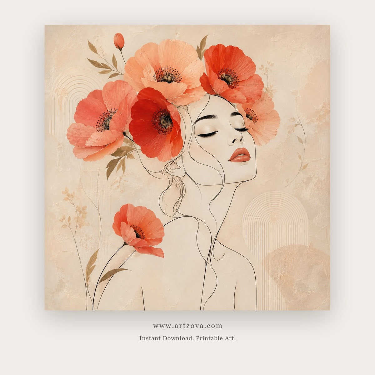 Poppy Muses painting 1 of 3 - a graceful female portrait crowned and surrounded by coral poppies, in coral and beige