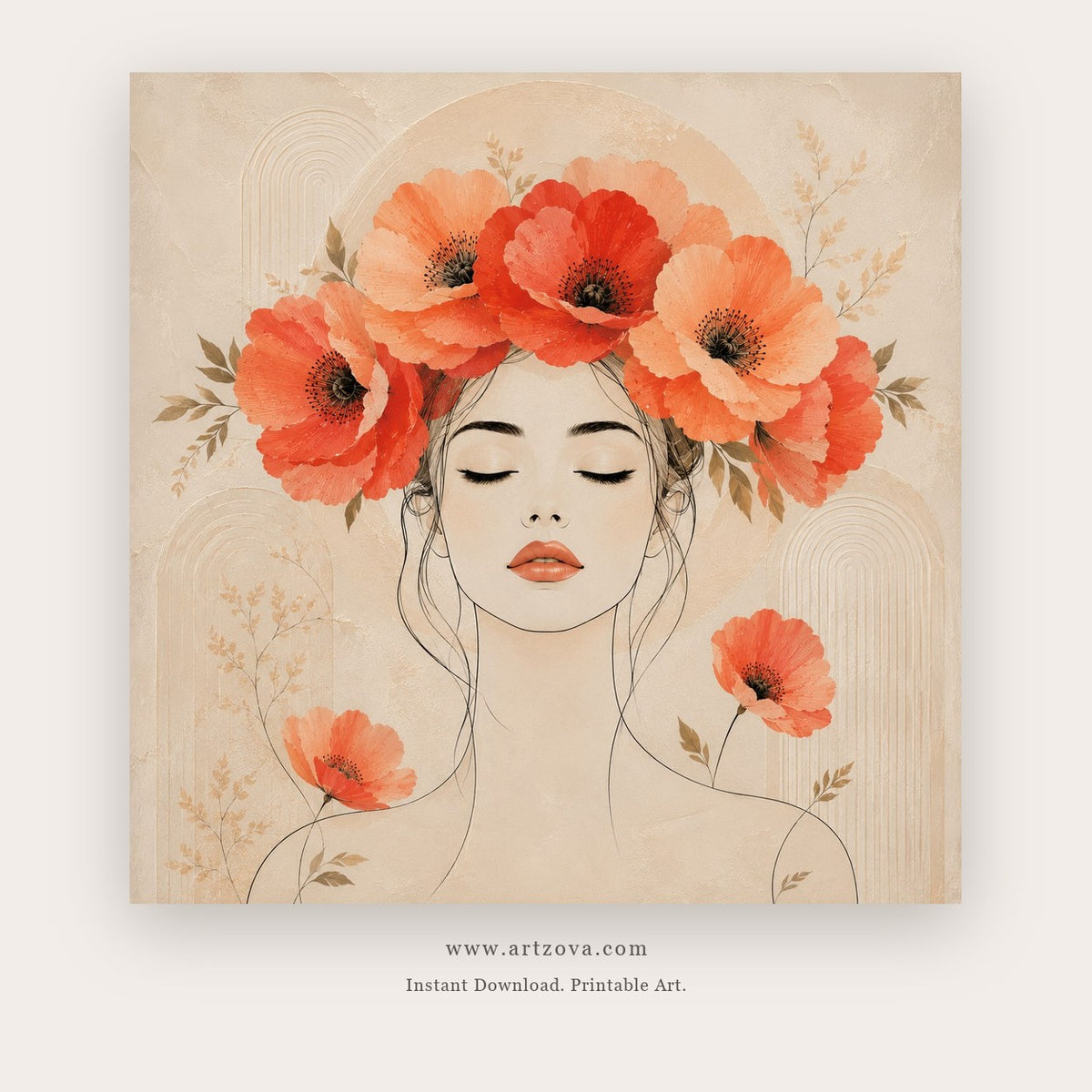 Poppy Muses painting 2 of 3 - a graceful female portrait crowned and surrounded by coral poppies, in coral and beige
