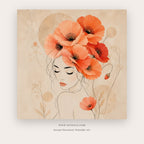 Poppy Muses painting 3 of 3 - a graceful female portrait crowned and surrounded by coral poppies, in coral and beige
