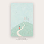 Hilltop Story painting 1 of 3 - a pale storybook scene of a tiny house, trees and winding road, in mint green and sky blue