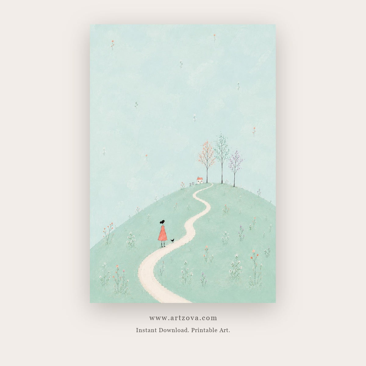 Hilltop Story painting 1 of 3 - a pale storybook scene of a tiny house, trees and winding road, in mint green and sky blue