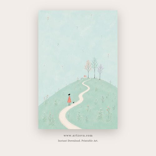 Hilltop Story painting 1 of 3 - a pale storybook scene of a tiny house, trees and winding road, in mint green and sky blue