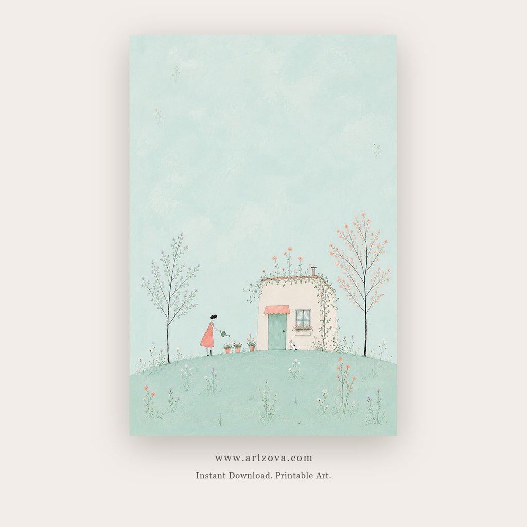 Hilltop Story painting 2 of 3 - a pale storybook scene of a tiny house, trees and winding road, in mint green and sky blue