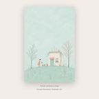 Hilltop Story painting 2 of 3 - a pale storybook scene of a tiny house, trees and winding road, in mint green and sky blue