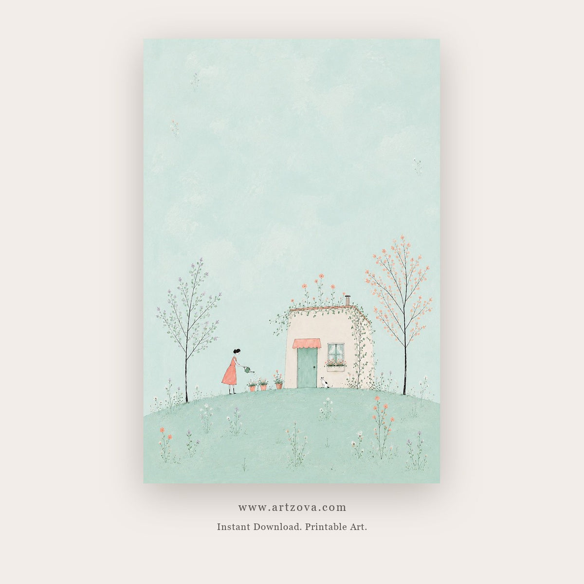Hilltop Story painting 2 of 3 - a pale storybook scene of a tiny house, trees and winding road, in mint green and sky blue