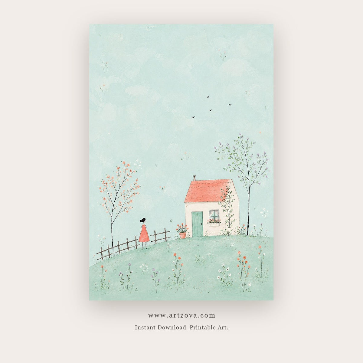 Hilltop Story painting 3 of 3 - a pale storybook scene of a tiny house, trees and winding road, in mint green and sky blue