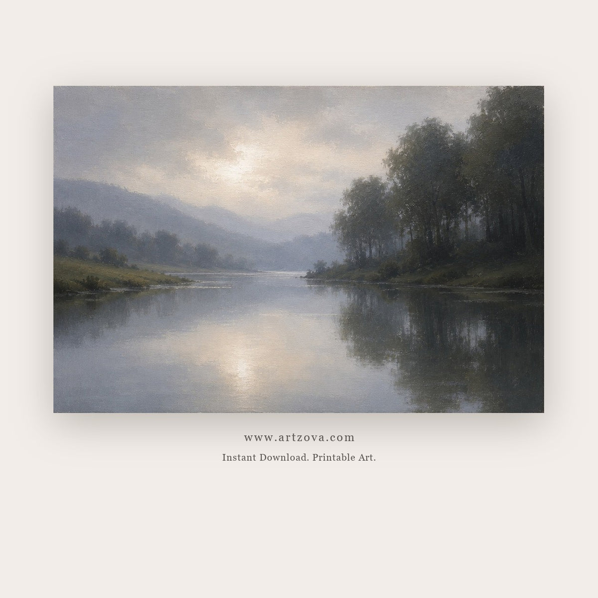 Silent Waters painting - a shadowed lake with distant mountains and a dark grove of trees, in blue gray and charcoal