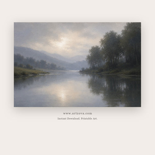 Silent Waters painting - a shadowed lake with distant mountains and a dark grove of trees, in blue gray and charcoal