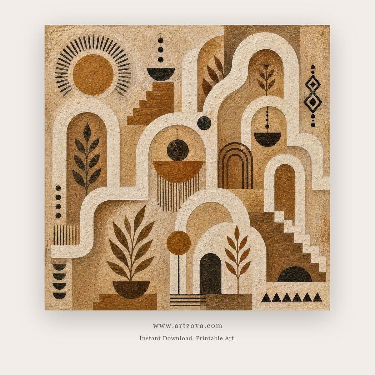 Sacred Pathways painting 1 of 2 - a symbolic earthen maze of arches, stairs, suns and leaves, in brown and ivory