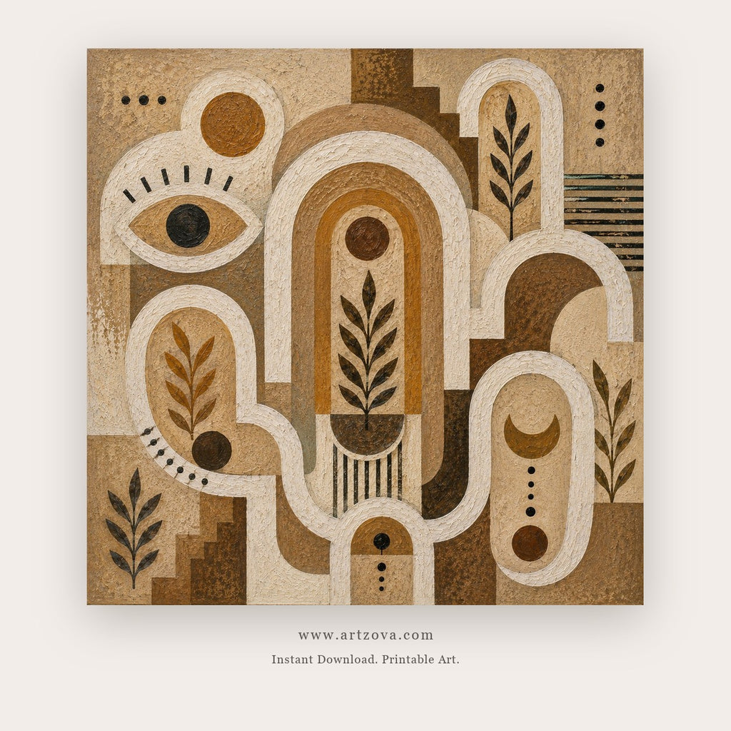 Sacred Pathways painting 2 of 2 - a coordinated symbolic earthen maze of arches, stairs, suns and leaves, in brown and ivory