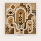 Sacred Pathways painting 2 of 2 - a coordinated symbolic earthen maze of arches, stairs, suns and leaves, in brown and ivory