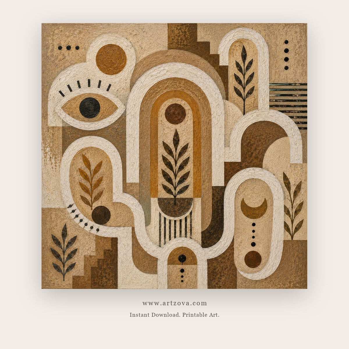 Sacred Pathways painting 2 of 2 - a coordinated symbolic earthen maze of arches, stairs, suns and leaves, in brown and ivory