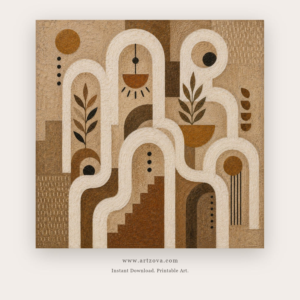Earthen Symbols painting - flowing white pathways, arches and botanical symbols on an earthy field, in beige and brown