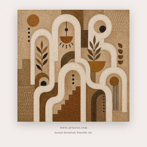 Earthen Symbols painting - flowing white pathways, arches and botanical symbols on an earthy field, in beige and brown