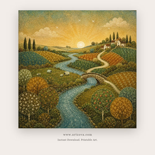Golden Valley painting - a winding river through patterned green hills toward a sunlit village, in green and golden yellow