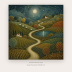 Day and Night painting 1 of 2 - a winding country path beneath golden daylight, in golden yellow and deep blue