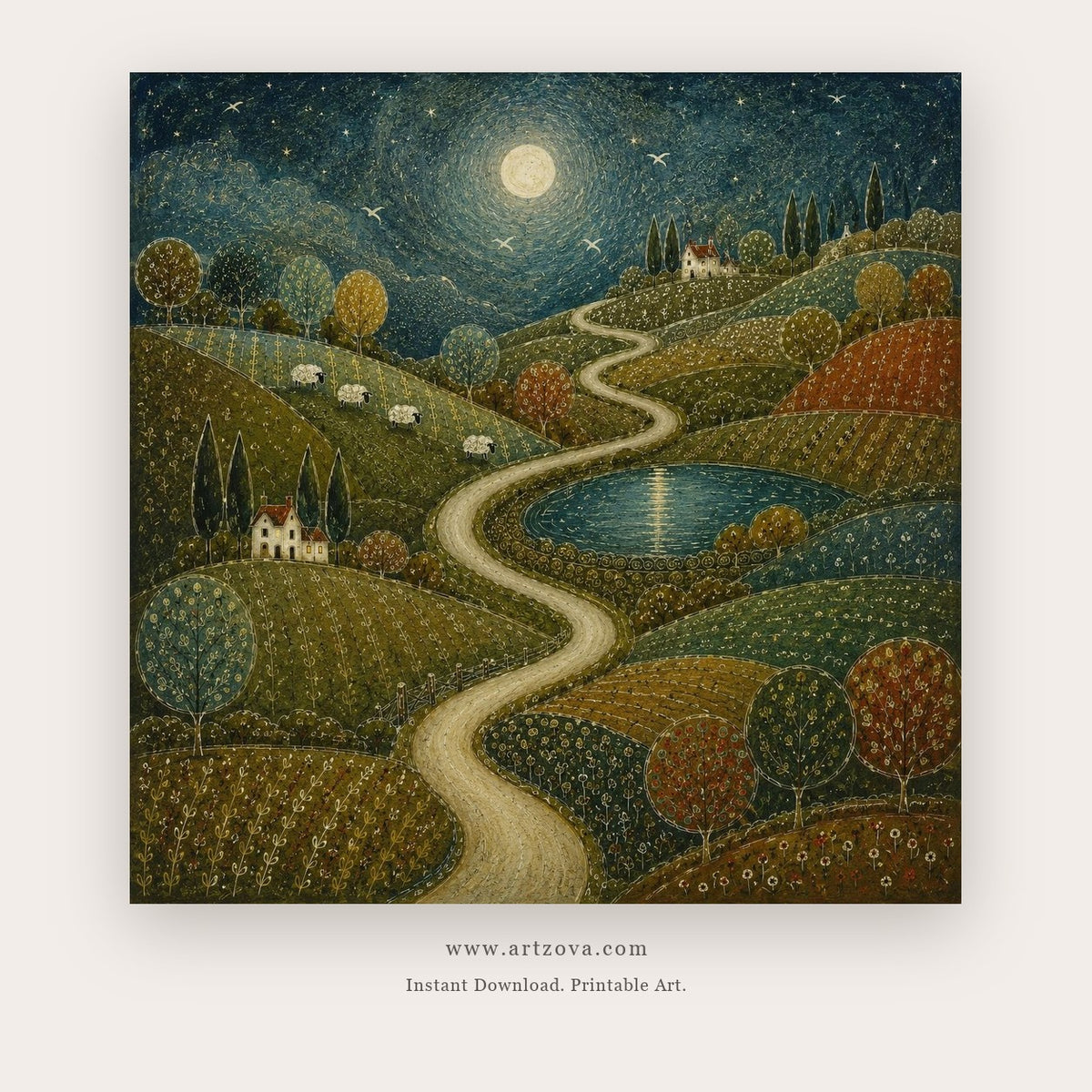 Day and Night painting 1 of 2 - a winding country path beneath golden daylight, in golden yellow and deep blue