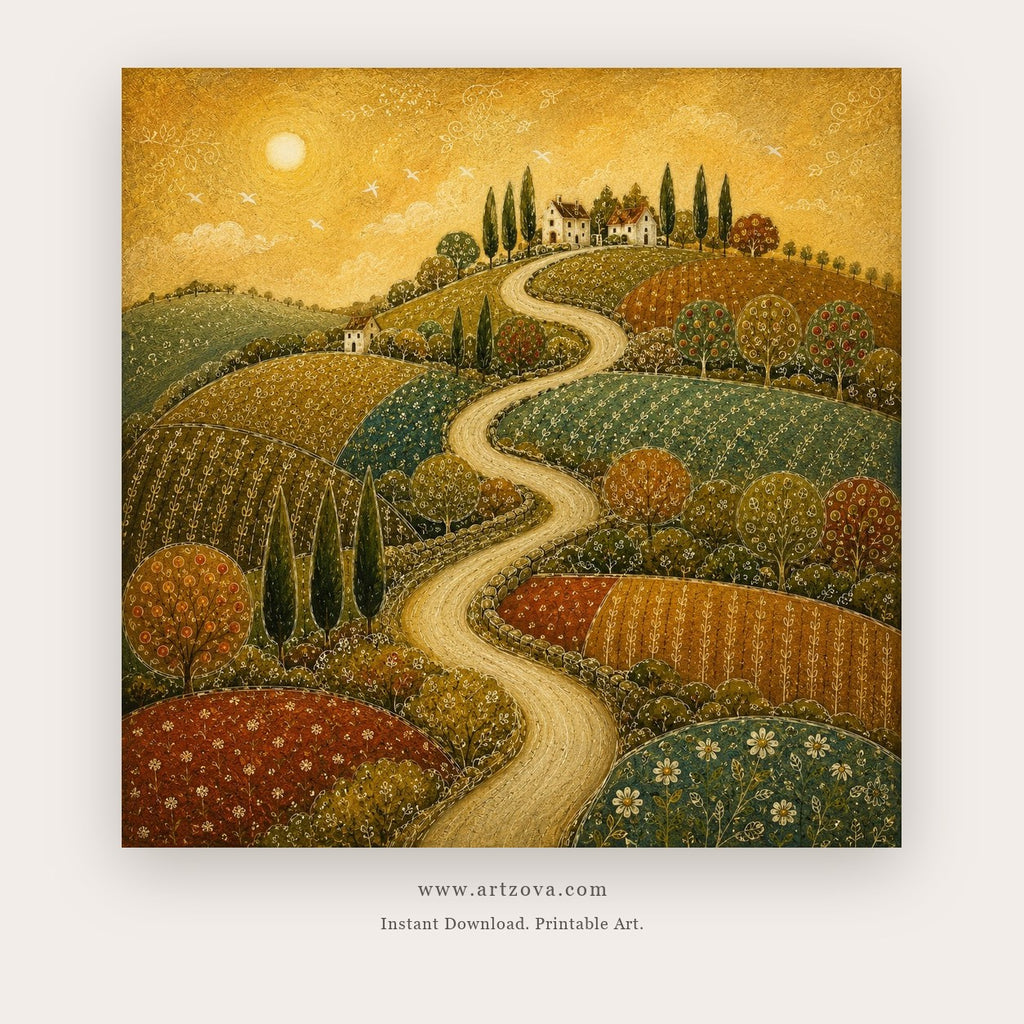 Day and Night painting 2 of 2 - a winding country path beneath a deep blue moon, in golden yellow and deep blue