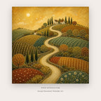 Day and Night painting 2 of 2 - a winding country path beneath a deep blue moon, in golden yellow and deep blue