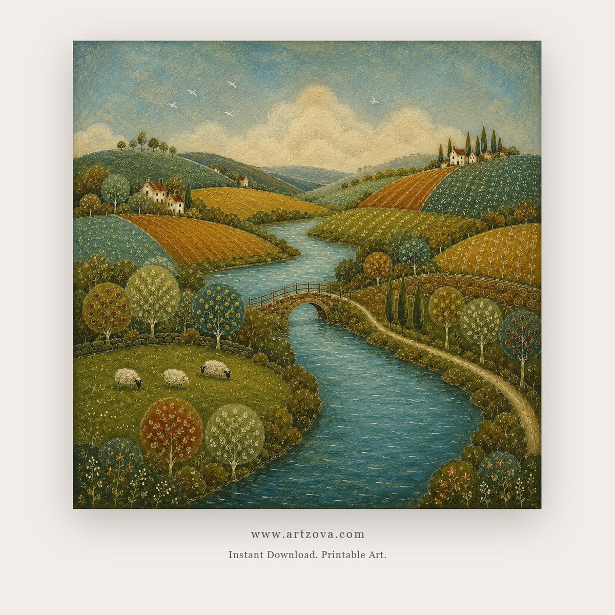 Riverlight Pair painting - a coordinated river valley winding through patterned green hills, in green and blue