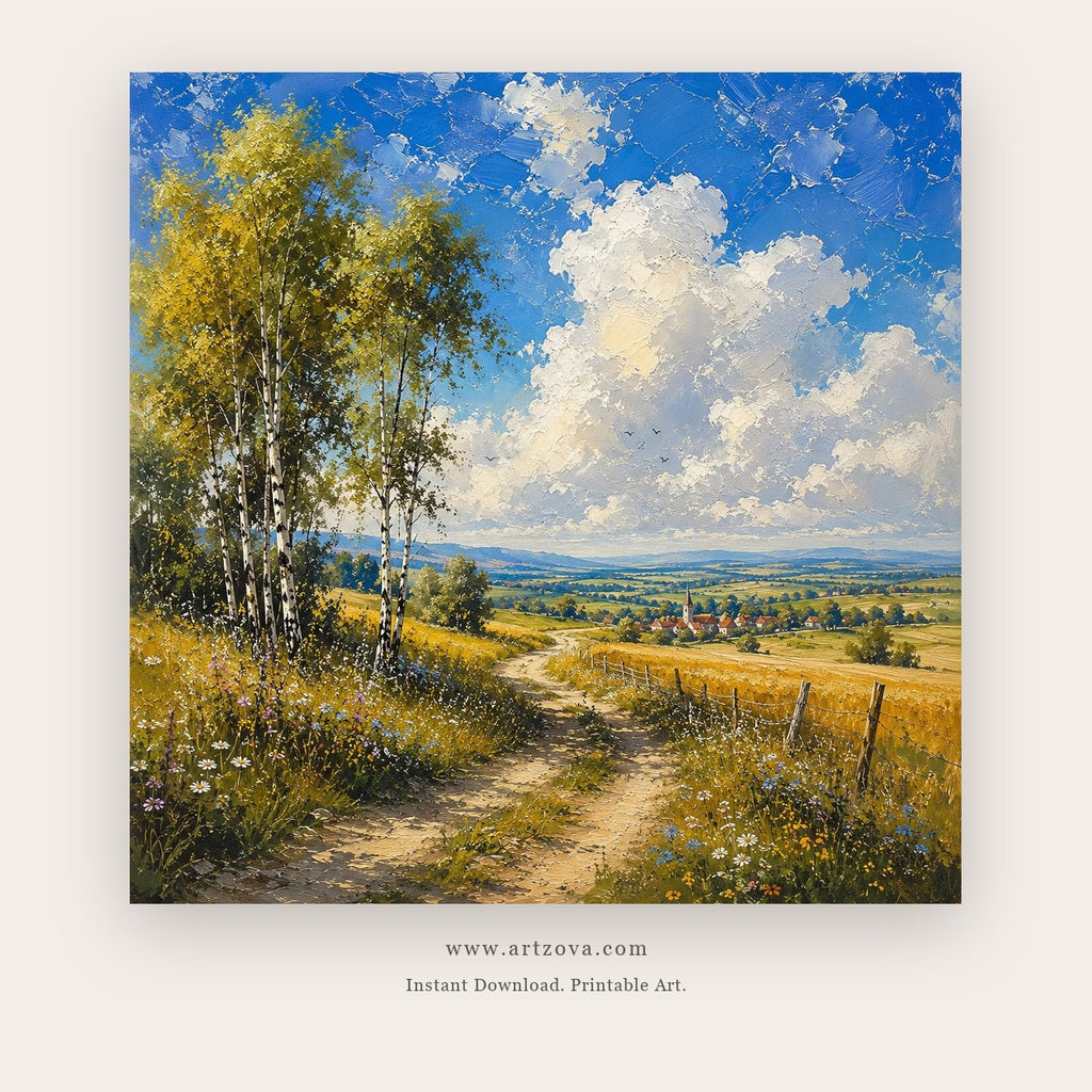 Summer Pathways painting 1 of 2 - a golden country path winding past trees under a brilliant blue sky, in blue and golden yellow