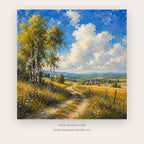 Summer Pathways painting 1 of 2 - a golden country path winding past trees under a brilliant blue sky, in blue and golden yellow