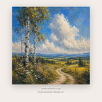 Twin Country Paths painting 1 of 2 - a countryside scene with birches and a river under blue sky, in blue and golden yellow