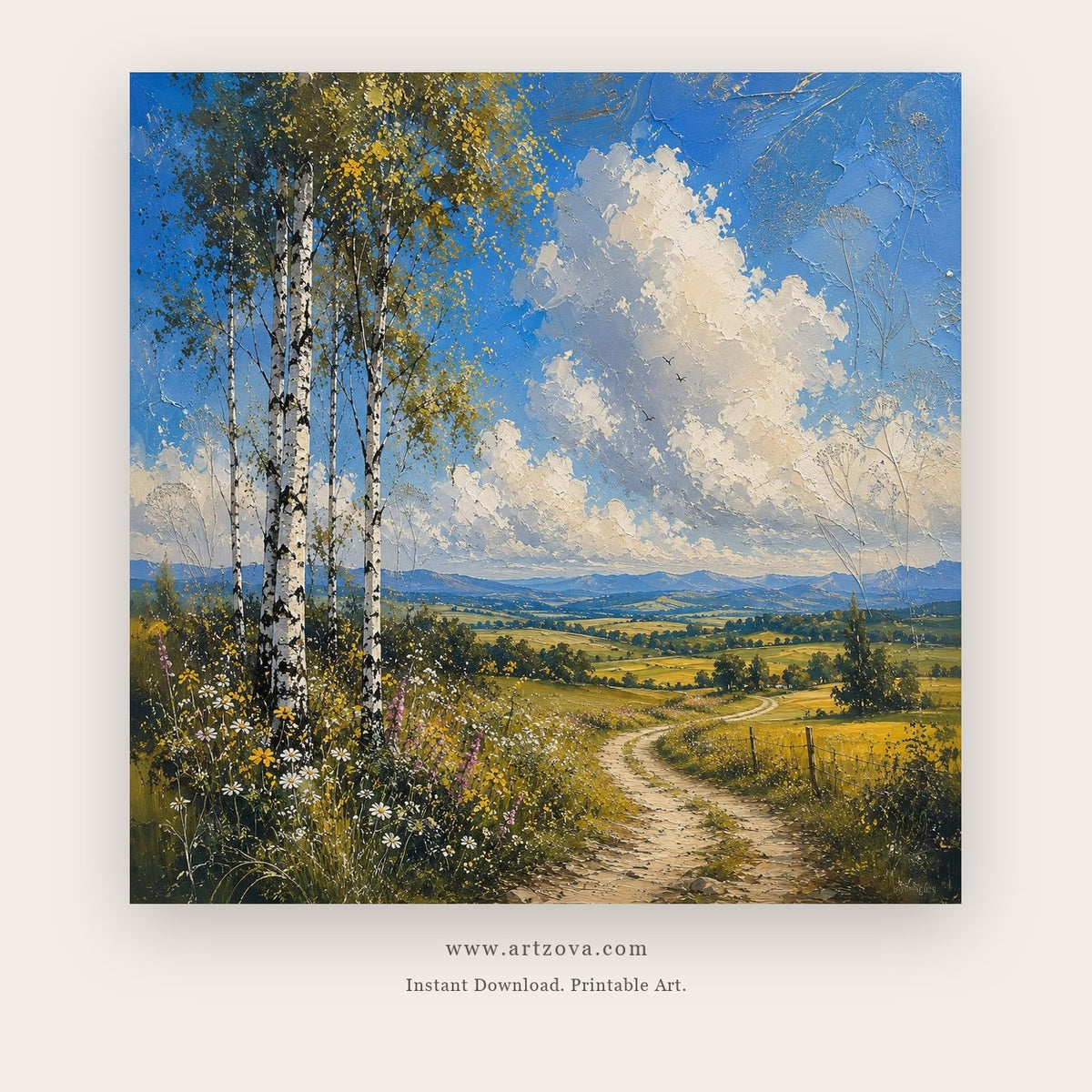 Twin Country Paths painting 1 of 2 - a countryside scene with birches and a river under blue sky, in blue and golden yellow