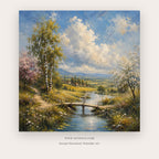 Twin Country Paths painting 2 of 2 - a coordinated countryside scene with birches and a river under blue sky, in blue and golden yellow