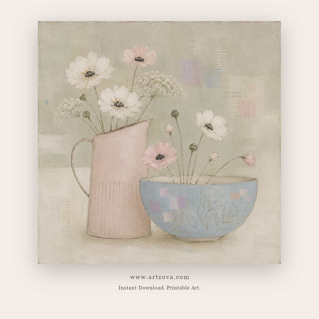 Garden Tea painting - a pastel still life of a pitcher, flower pots and a patterned bowl, in sage green and blush pink