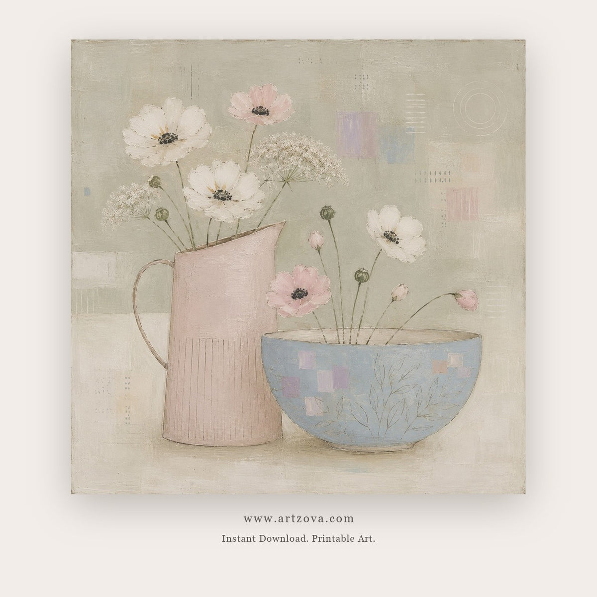 Garden Tea painting - a pastel still life of a pitcher, flower pots and a patterned bowl, in sage green and blush pink