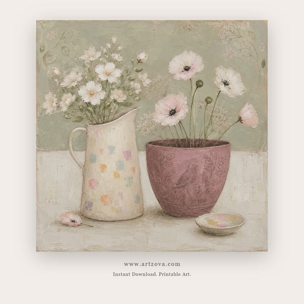 Garden Stillness painting - soft white flowers arranged in a patterned pitcher and mauve pot, in sage green and blush pink