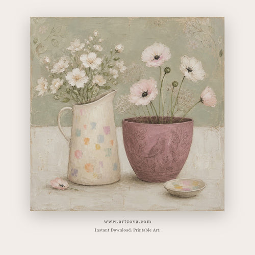 Garden Stillness painting - soft white flowers arranged in a patterned pitcher and mauve pot, in sage green and blush pink