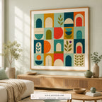 Arched Garden mid-century modern wall art print framed in a living room