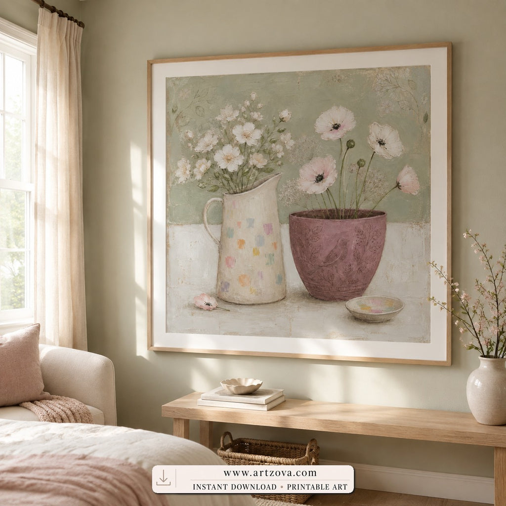 Garden Stillness cottagecore still life wall art print framed in a bedroom