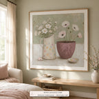 Garden Stillness cottagecore still life wall art print framed in a bedroom
