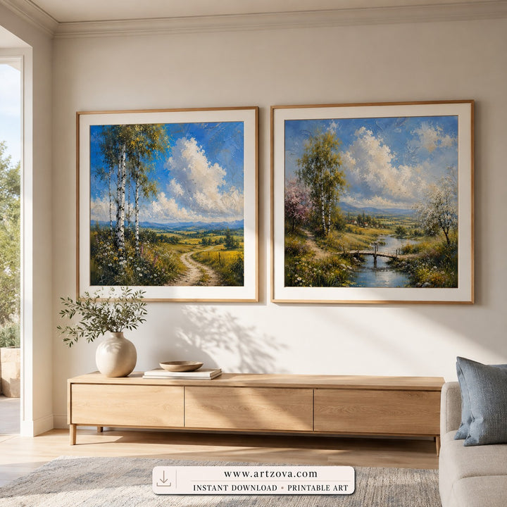 Twin Country Paths set of two paintings framed in a living room