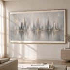 Silver Skyline minimalist cityscape wall art print framed in an office