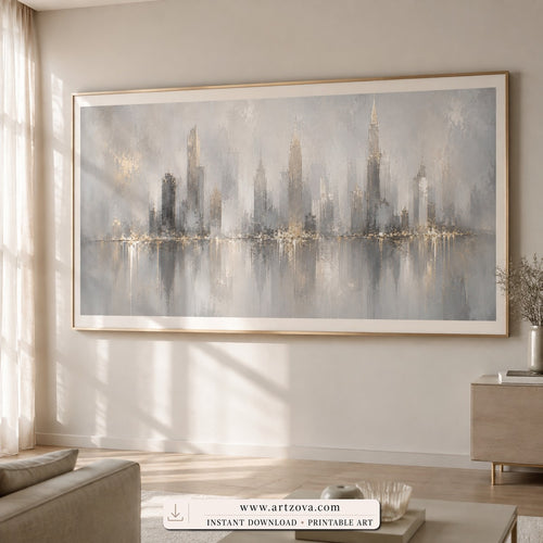 Silver Skyline minimalist cityscape wall art print framed in an office