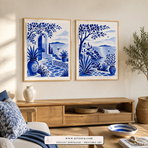 Cobalt Coast set of two paintings framed in a dining room