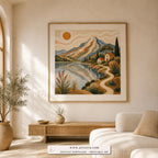 Mountain Haven contemporary landscape wall art print framed in a living room