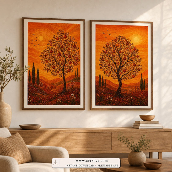 Autumn Twins set of two paintings framed in an entryway