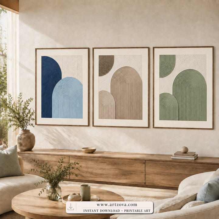 Soft Arc Trio set of three paintings framed in a living room