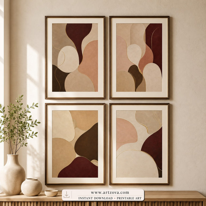 Woven Earth set of four paintings framed in a living room