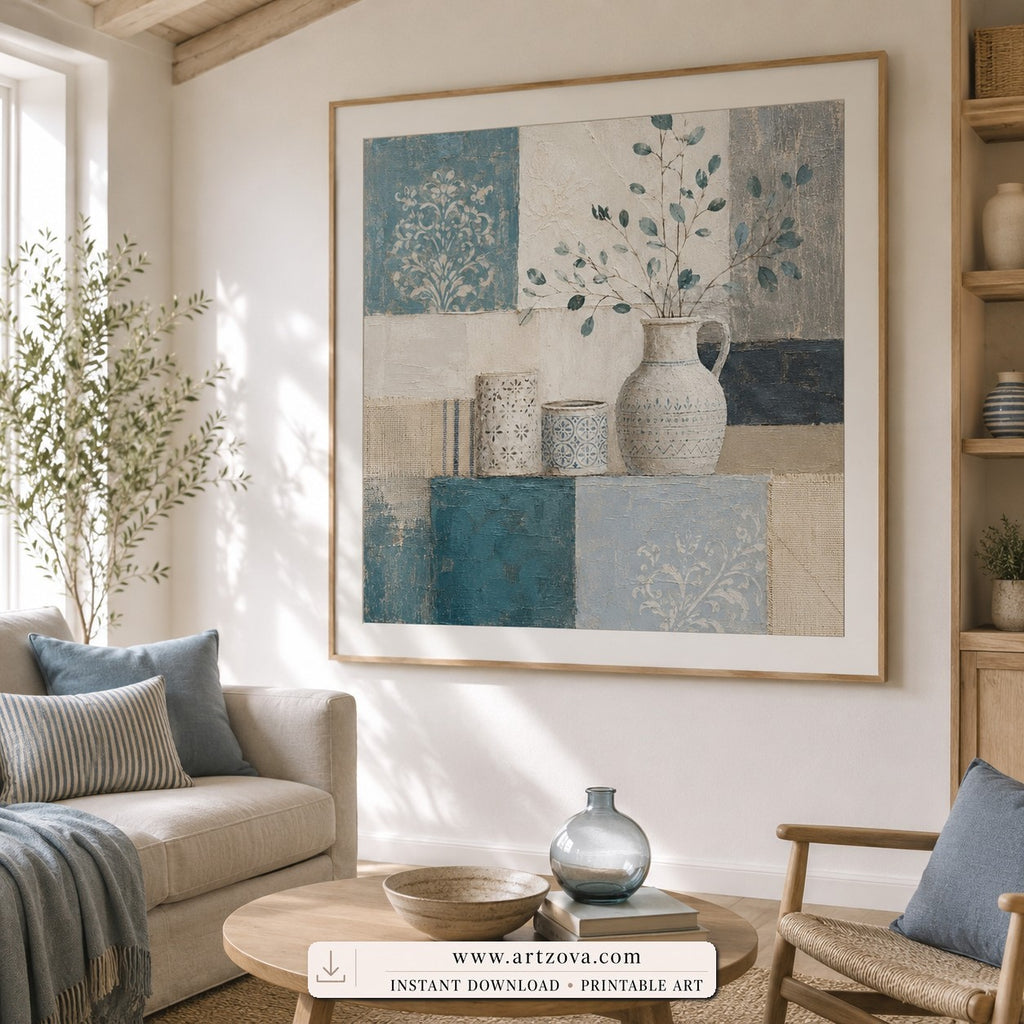 Quiet Blue Blooms cubist still life wall art print framed in a bedroom