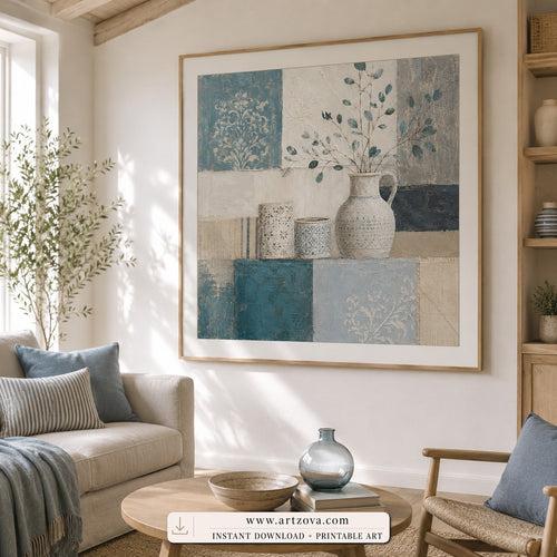 Quiet Blue Blooms cubist still life wall art print framed in a bedroom