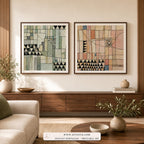 Bauhaus Echoes set of two paintings framed in an office